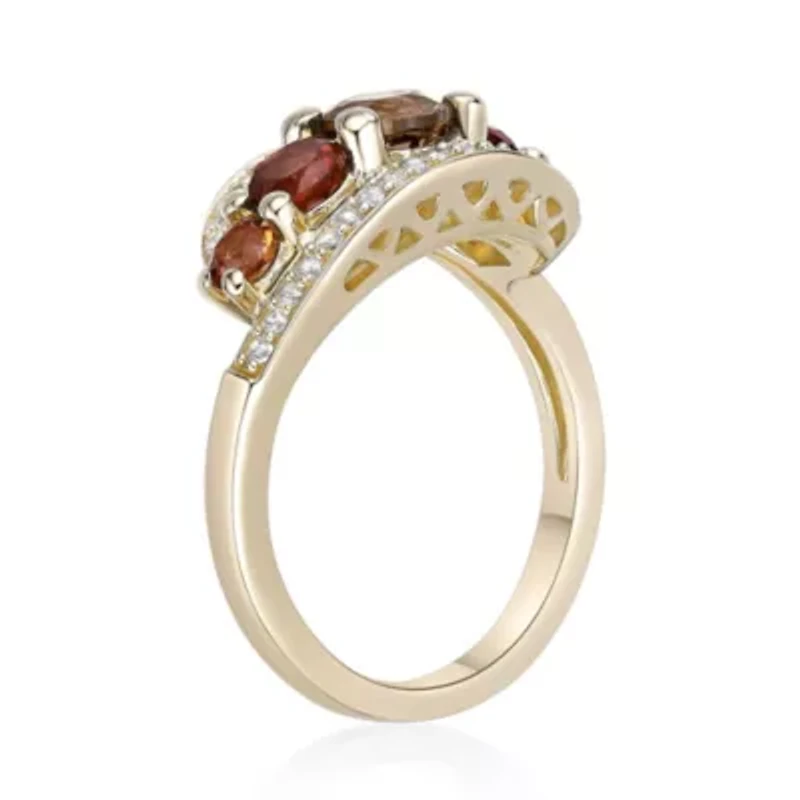 Smoky Quartz, Citrine & Lab-Created White Sapphire Graduated Bypass Ring 2 micron 18k Gold-Plated Sterling Silver