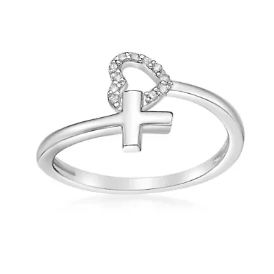 Diamond Accent Heart and Cross Bypass Purity Ring Sterling Silver