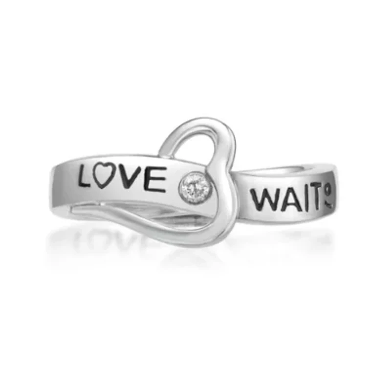 Diamond Accent 'Love Waits' Message Ring Sterling Silver