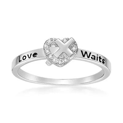 Diamond Accent 'Love Waits' Heart and Cross Purity Ring Sterling Silver
