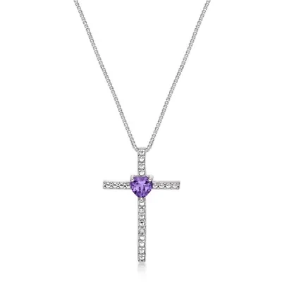 Lab Created Heart-Shaped Gemstone Cross Pendant Sterling Silver