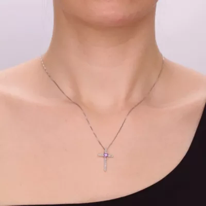 Lab Created Heart-Shaped Gemstone Cross Pendant Sterling Silver