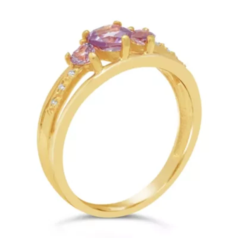 Gemstone and Diamond Accent Three Stone Ring Gold Plated Silver