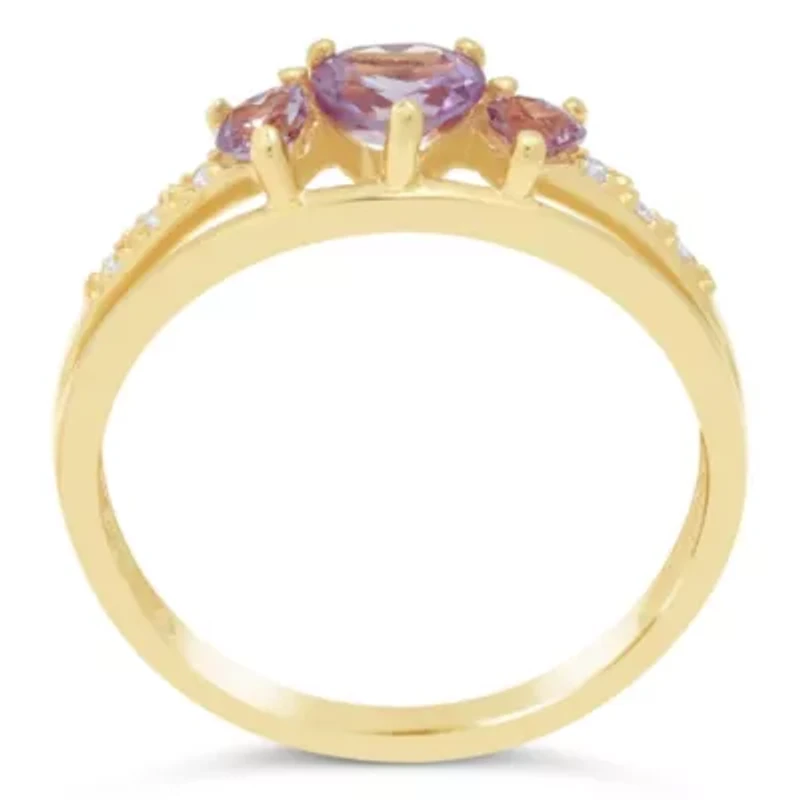 Gemstone and Diamond Accent Three Stone Ring Gold Plated Silver