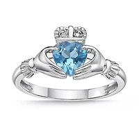 Gemstone and Diamond Accent Claddagh Ring Sterling Silver