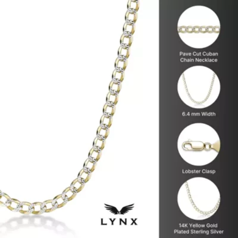 6.4mm Pave Cut Cuban Chain Necklace 14k Gold Over Silver