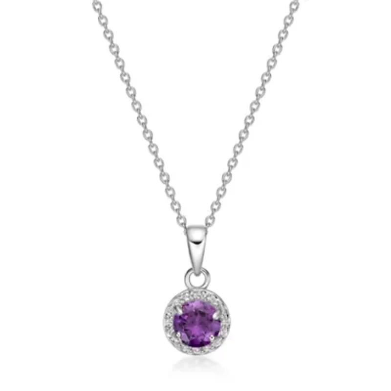 Lab Created Round Gemstone and White Topaz Halo Pendant Necklace Sterling Silver