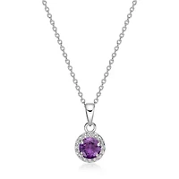 Lab Created Round Gemstone and White Topaz Halo Pendant Necklace Sterling Silver