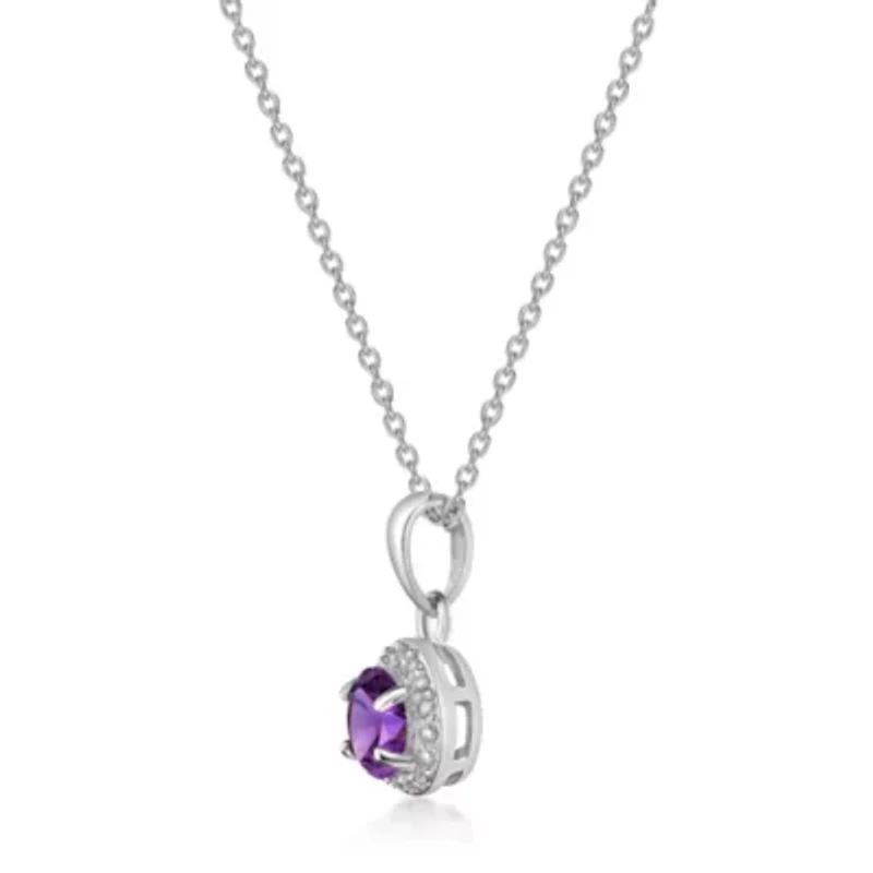 Lab Created Round Gemstone and White Topaz Halo Pendant Necklace Sterling Silver