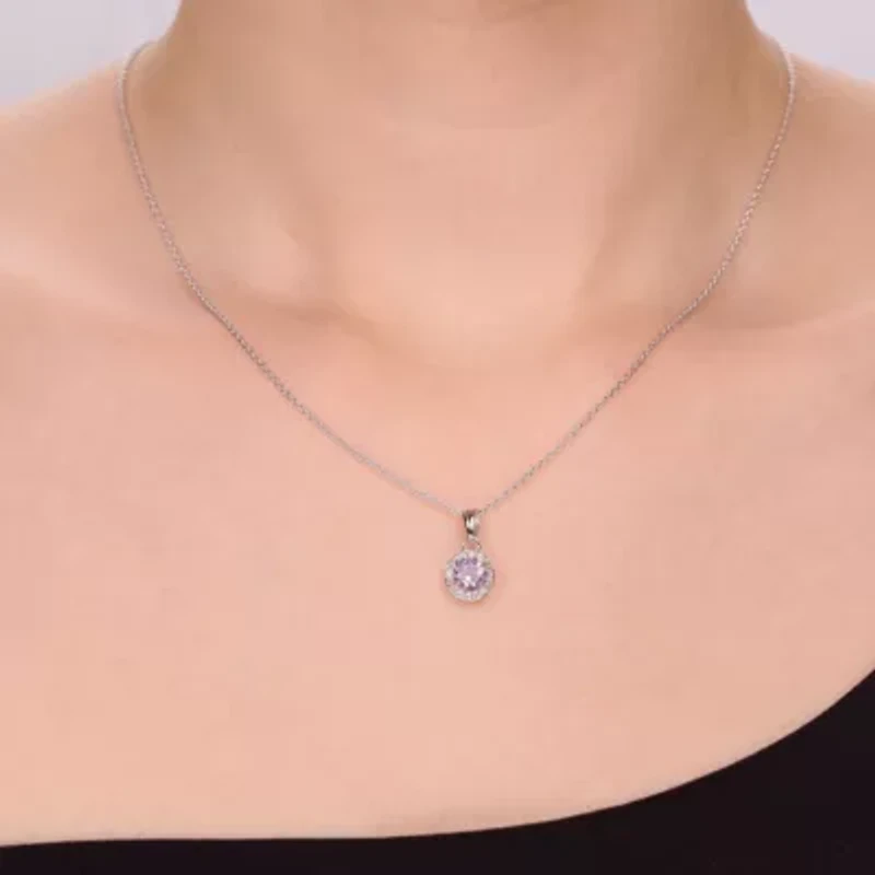 Lab Created Round Gemstone and White Topaz Halo Pendant Necklace Sterling Silver