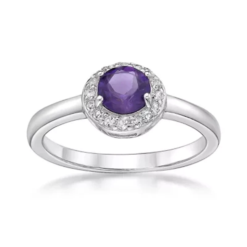 Round Gemstone and White Topaz Halo Ring Sterling Silver