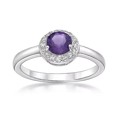 Round Gemstone and White Topaz Halo Ring Sterling Silver