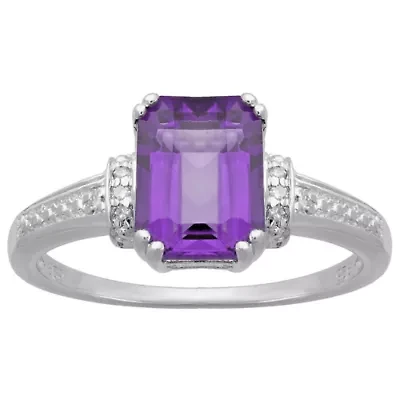 Emerald cut Gemstone and Diamond Accent Ring 10K White Gold