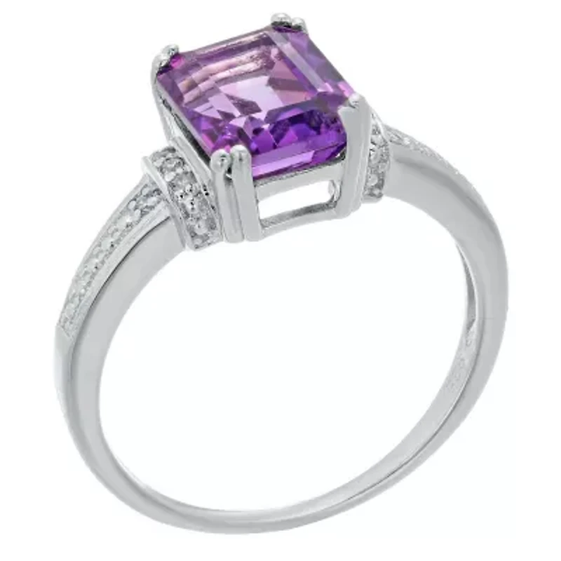 Emerald cut Gemstone and Diamond Accent Ring 10K White Gold