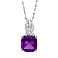 Lab Created Women's Sterling Silver Cushion Cut Gemstone & Diamond Accent Pendant Necklace