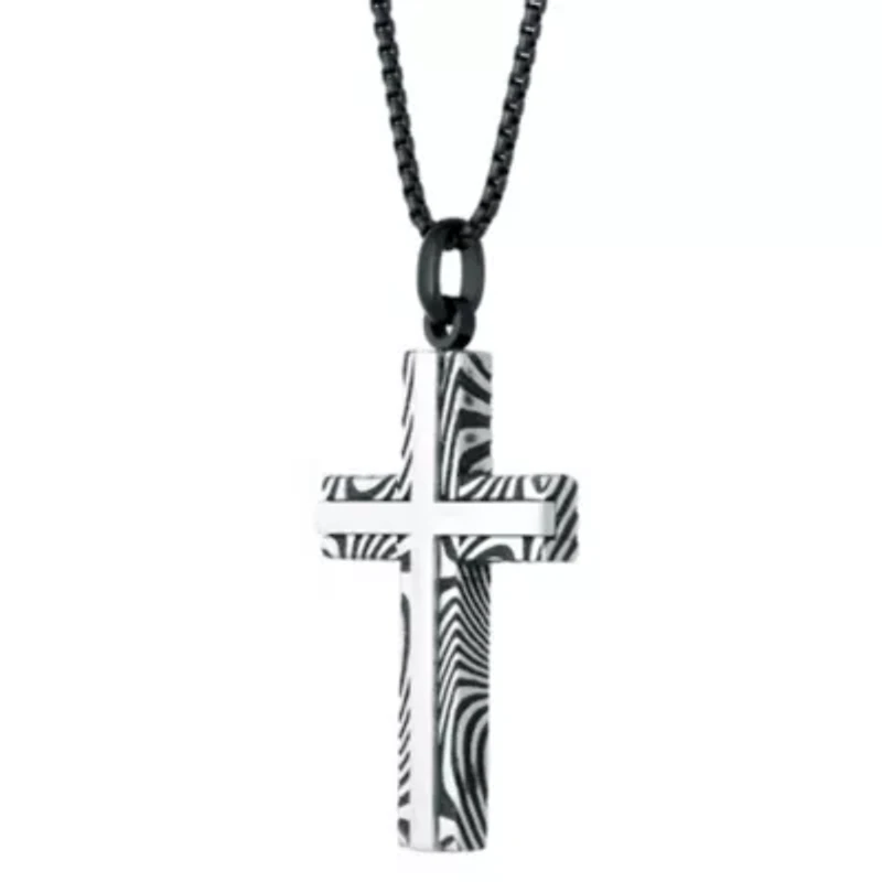 Damascus Steel Striped Cross Pendant Necklace