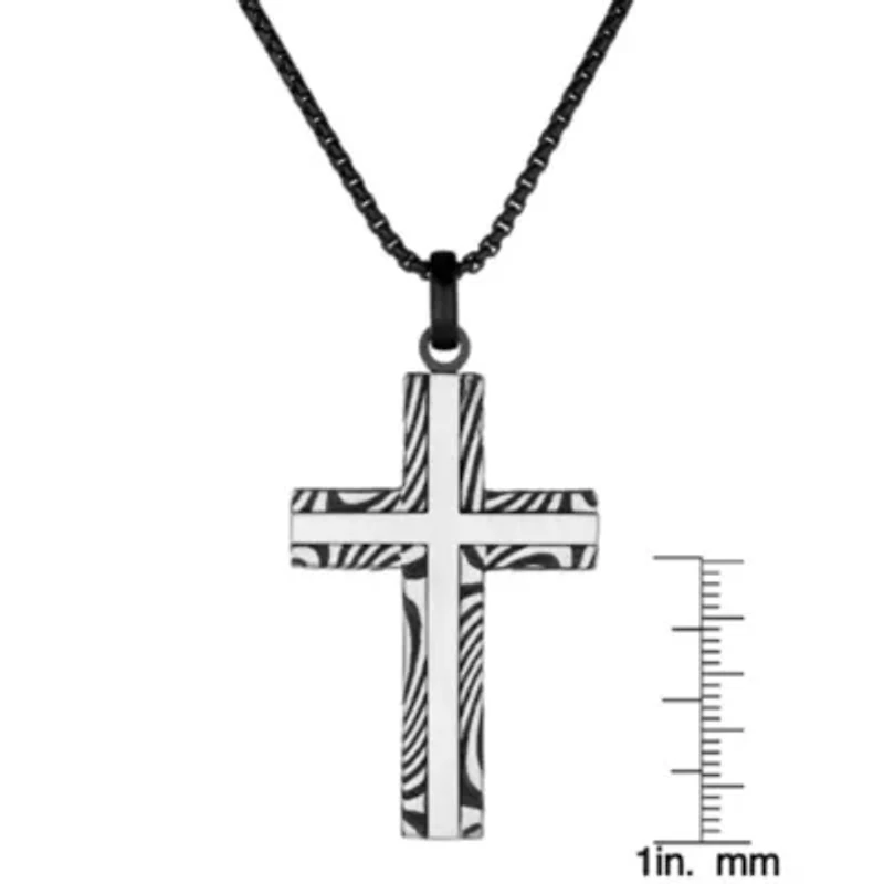 Damascus Steel Striped Cross Pendant Necklace