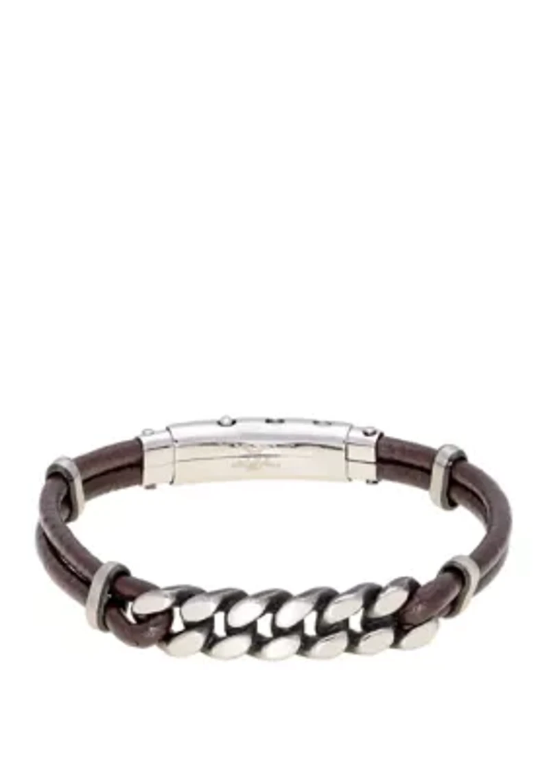 Stainless Steel and Brown Leather Adjustable Bracelet