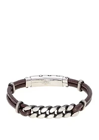 Stainless Steel and Brown Leather Adjustable Bracelet