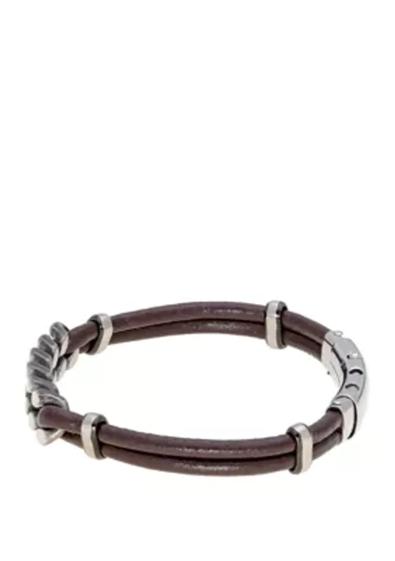 Stainless Steel and Brown Leather Adjustable Bracelet