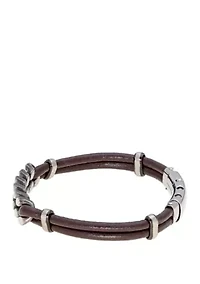 Stainless Steel and Brown Leather Adjustable Bracelet
