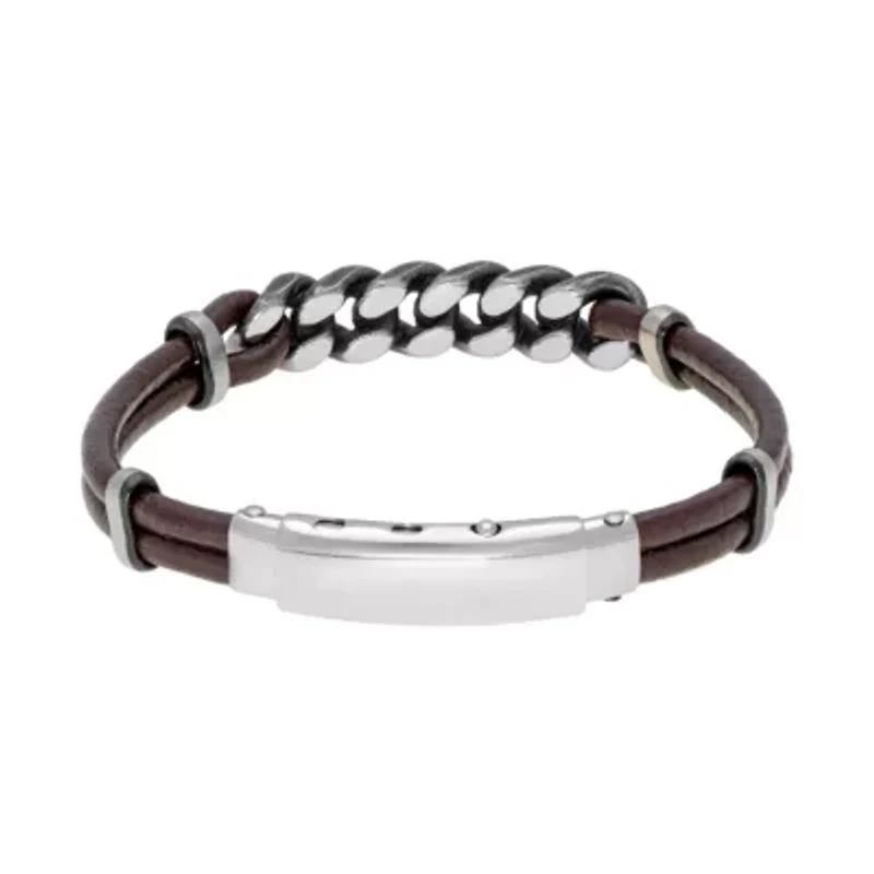 Stainless Steel and Brown Leather Adjustable Bracelet