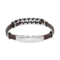 Stainless Steel and Brown Leather Adjustable Bracelet