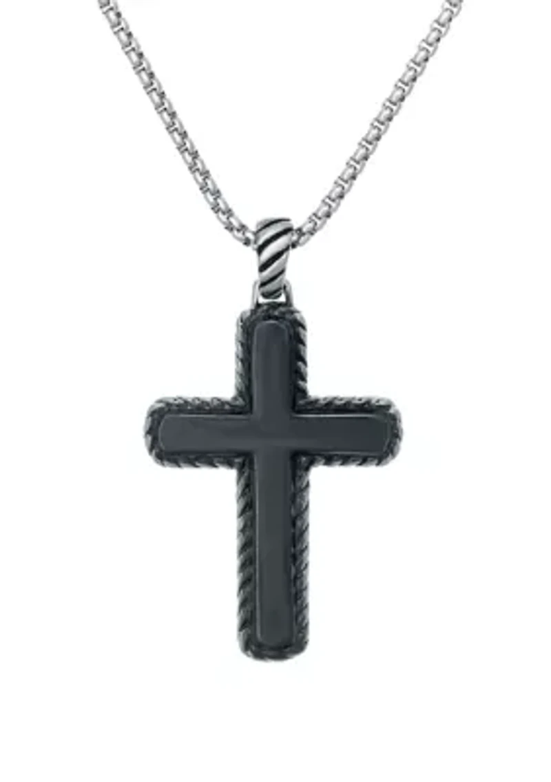 Stainless Steel Cross Pendant with Black Ion Plating on 24" Round Box Chain
