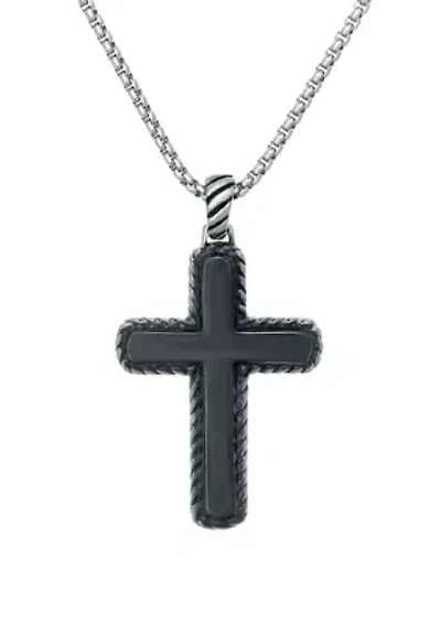 Stainless Steel Cross Pendant with Black Ion Plating on 24" Round Box Chain