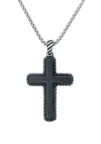 Stainless Steel Cross Pendant with Black Ion Plating on 24" Round Box Chain
