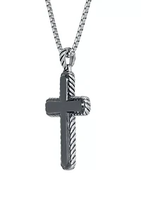 Stainless Steel Cross Pendant with Black Ion Plating on 24" Round Box Chain