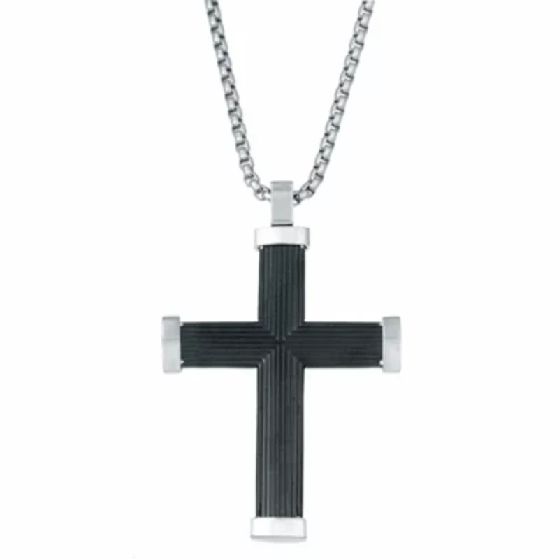 Stainless Steel Striped Cross Pendant Necklace