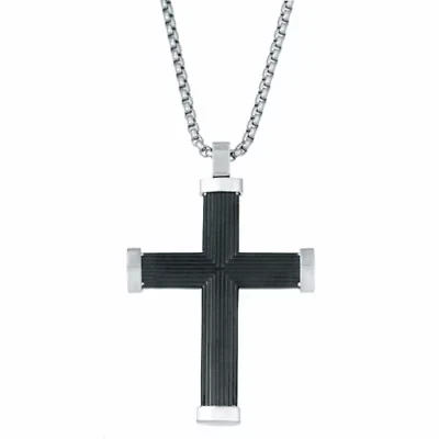 Stainless Steel Striped Cross Pendant Necklace