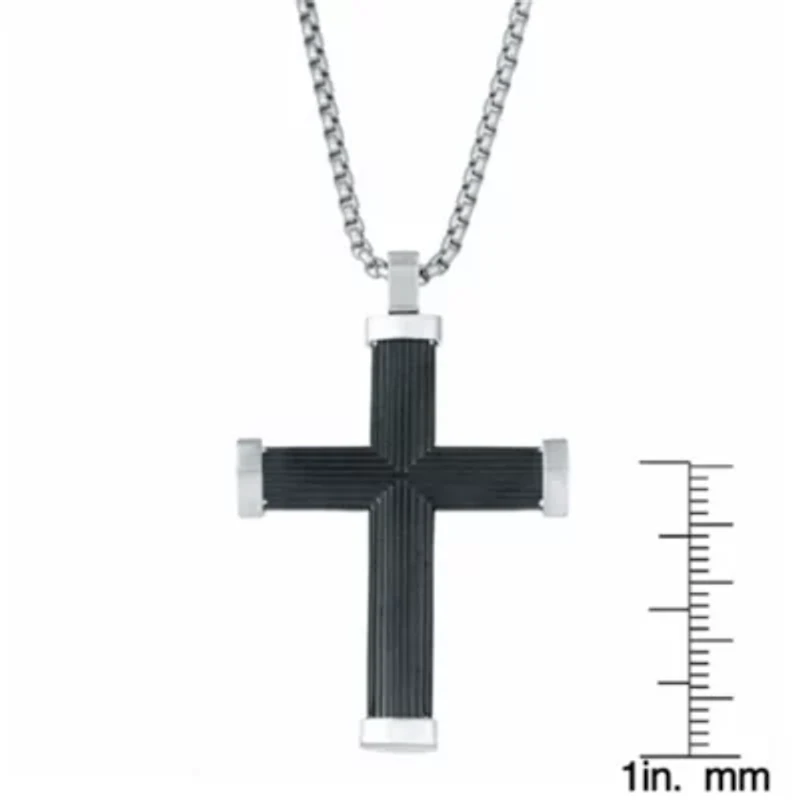 Stainless Steel Striped Cross Pendant Necklace