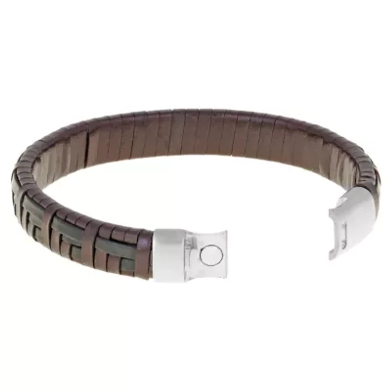 Stainless Steel Bracelet with Black and Brown Leather