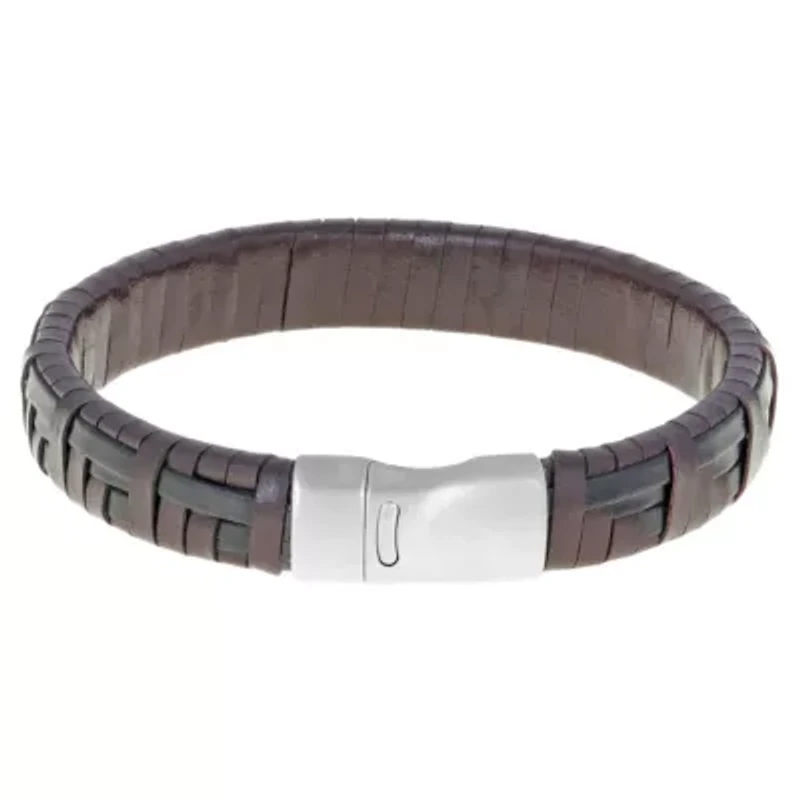 Stainless Steel Bracelet with Black and Brown Leather