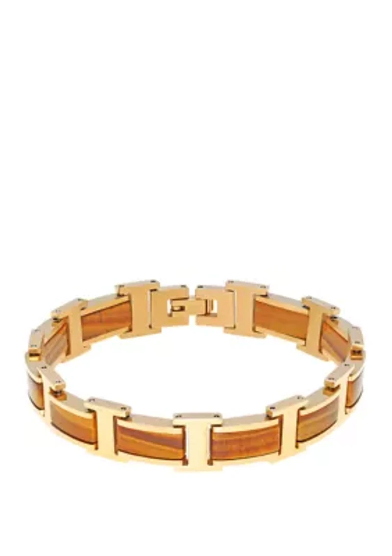Stainless Steel Bracelet with Tiger Eye and Goldtone Ion Plating