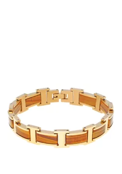 Stainless Steel Bracelet with Tiger Eye and Goldtone Ion Plating