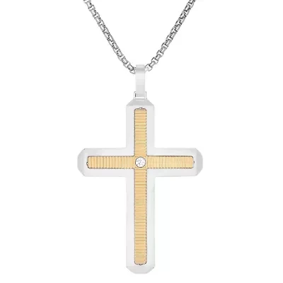 Two Tone Stainless Steel Cubic Zirconia Cross Pendant