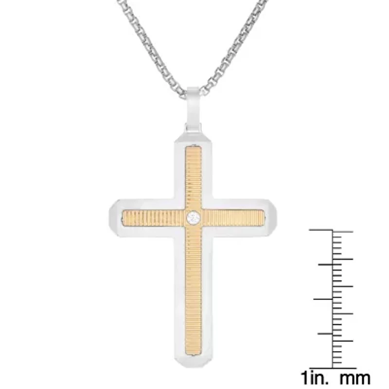Two Tone Stainless Steel Cubic Zirconia Cross Pendant