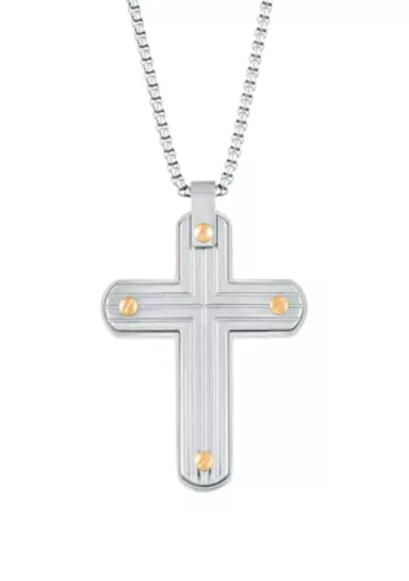 Stainless Steel Cross Pendant with Gold Ion Plating on 24" Round Box Chain