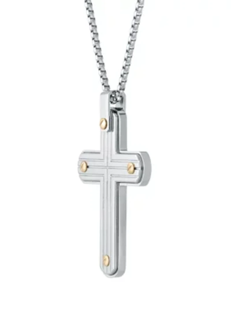 Stainless Steel Cross Pendant with Gold Ion Plating on 24" Round Box Chain