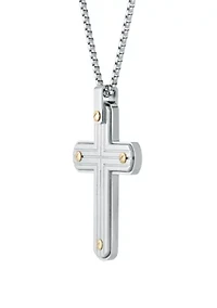 Stainless Steel Cross Pendant with Gold Ion Plating on 24" Round Box Chain
