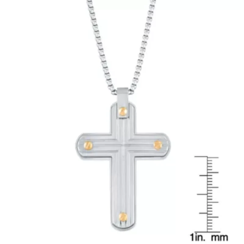 Stainless Steel Cross Pendant with Gold Ion Plating on 24" Round Box Chain