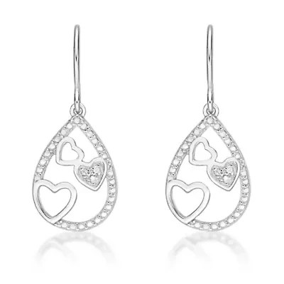 Diamond Accent Heart Dangle Drop Earrings in Sterling Silver