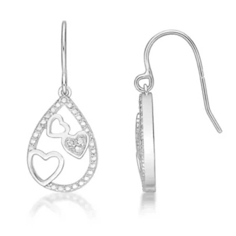 Diamond Accent Heart Dangle Drop Earrings in Sterling Silver
