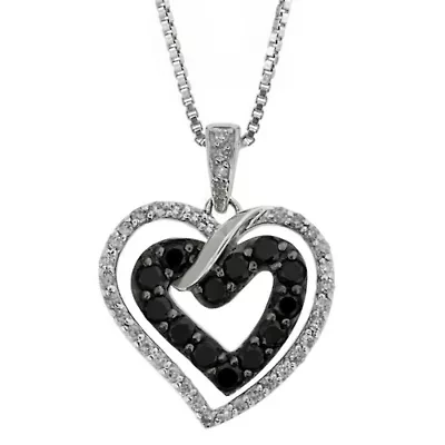 1/ ct. t.w. Black and White Diamond Heart Pendant in Sterling Silver