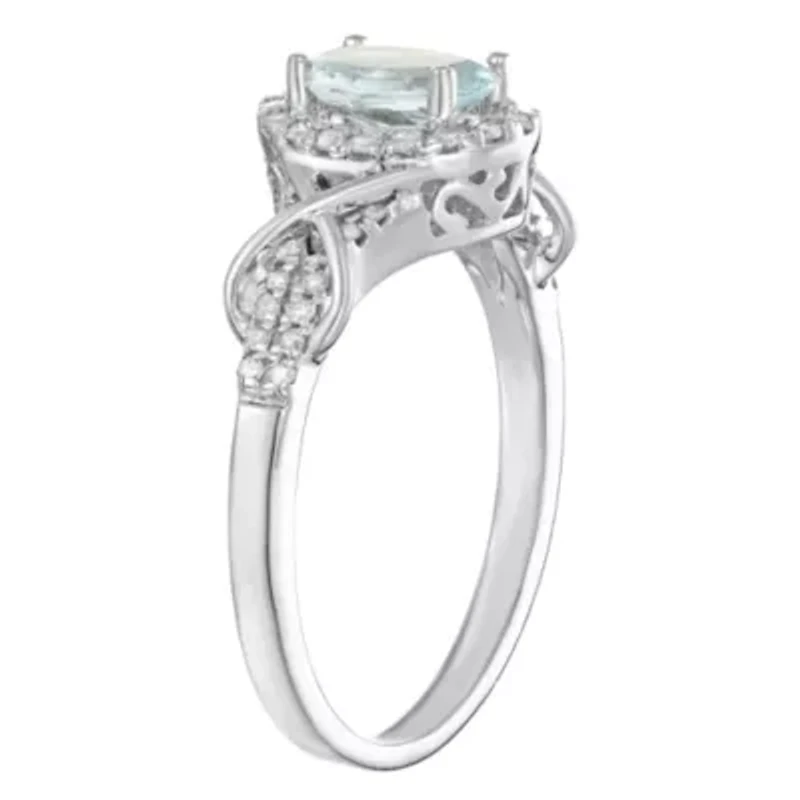3/4 ct. t.w. Aquamarine & 1/4 ct. t.w.Diamond Halo Ring in 10K White Gold