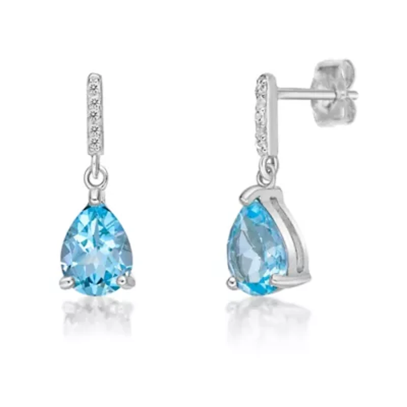 Sterling Silver Earrings with Pear Shape Blue Topaz and White Topaz