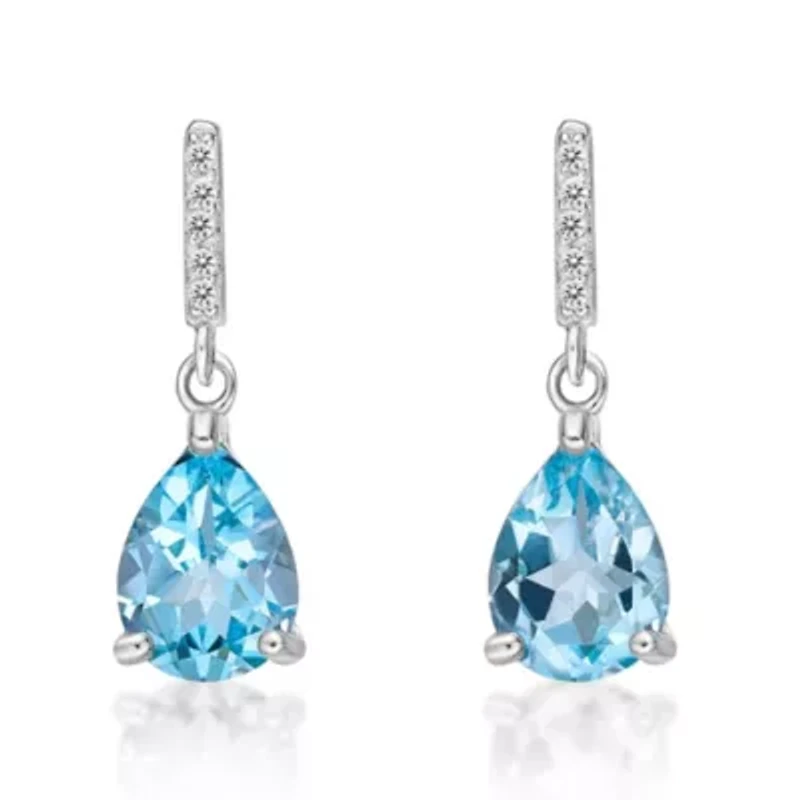 Sterling Silver Earrings with Pear Shape Blue Topaz and White Topaz